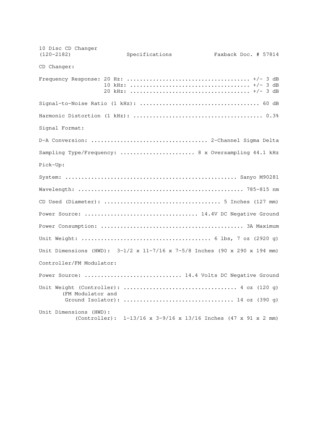 Radio Shack manual Disc CD Changer Specifications Faxback Doc. # 120-2182 