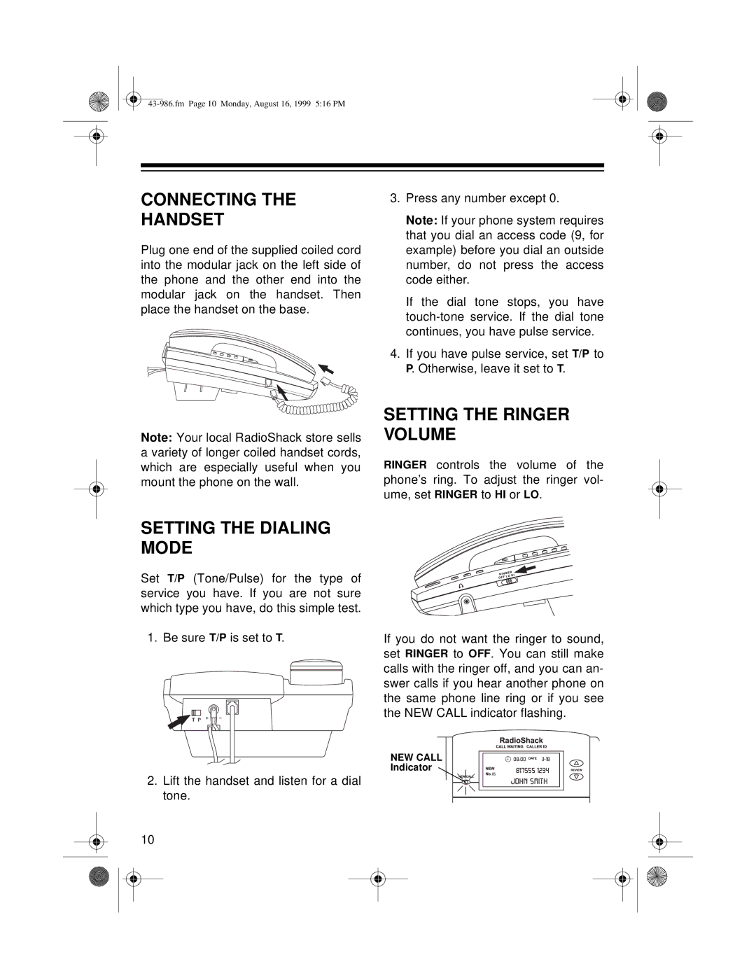 Radio Shack 1250 owner manual Connecting Handset, Setting the Ringer Volume, Setting the Dialing Mode 