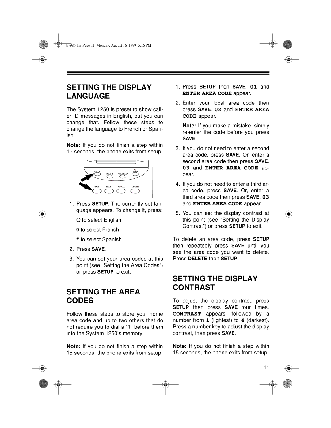 Radio Shack 1250 owner manual Setting the Display Language, Setting the Area Codes, Setting the Display Contrast 