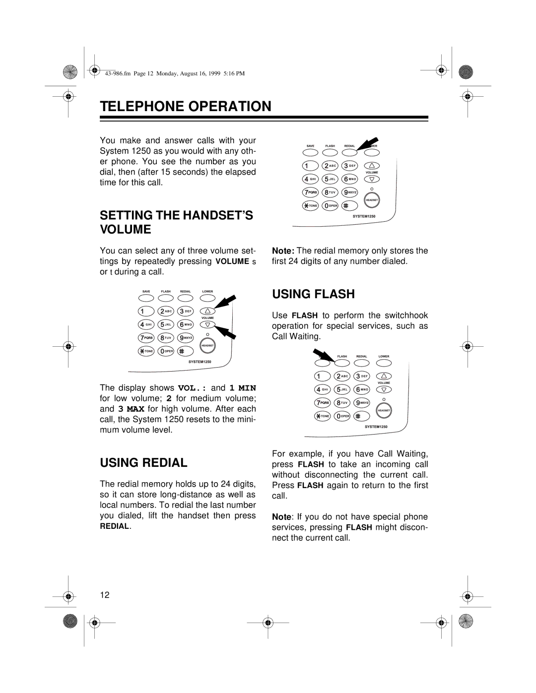 Radio Shack 1250 owner manual Telephone Operation, Setting the HANDSET’S Volume, Using Flash, Using Redial 