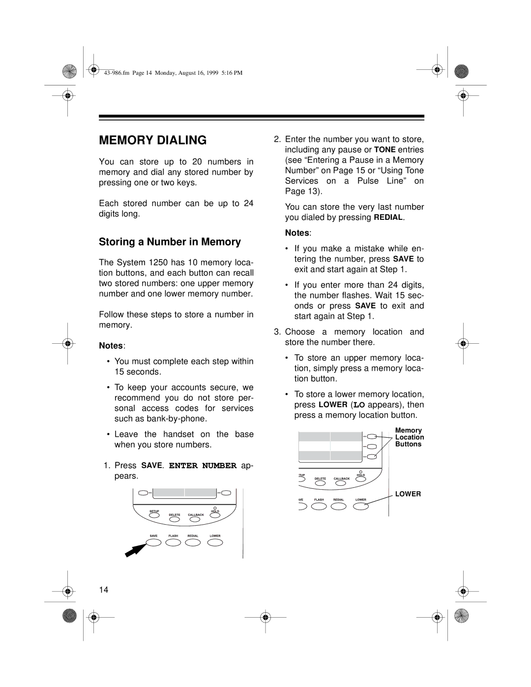 Radio Shack 1250 owner manual Memory Dialing, Storing a Number in Memory 