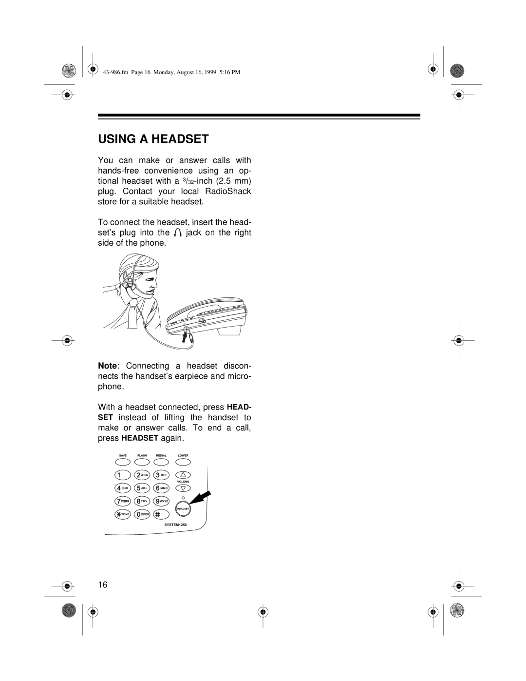 Radio Shack 1250 owner manual Using a Headset 