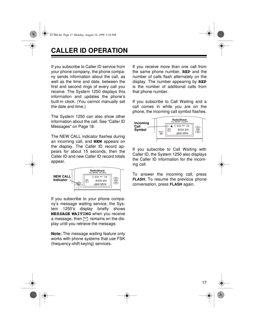 Radio Shack 1250 owner manual Caller ID Operation 