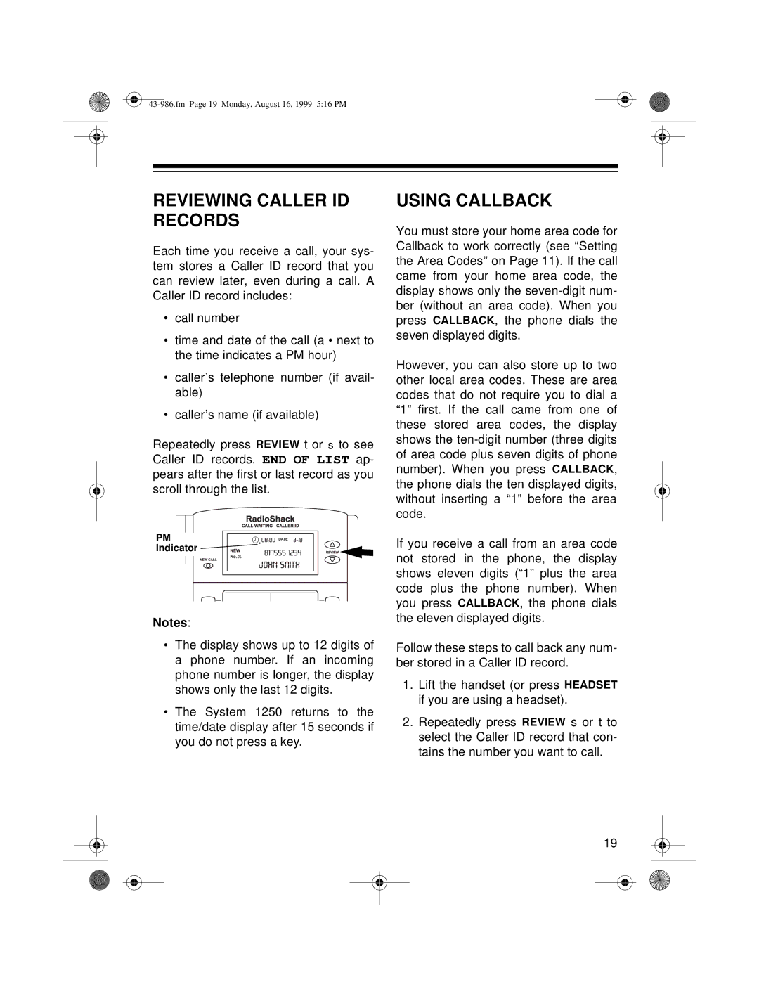 Radio Shack 1250 owner manual Reviewing Caller ID Records, Using Callback 