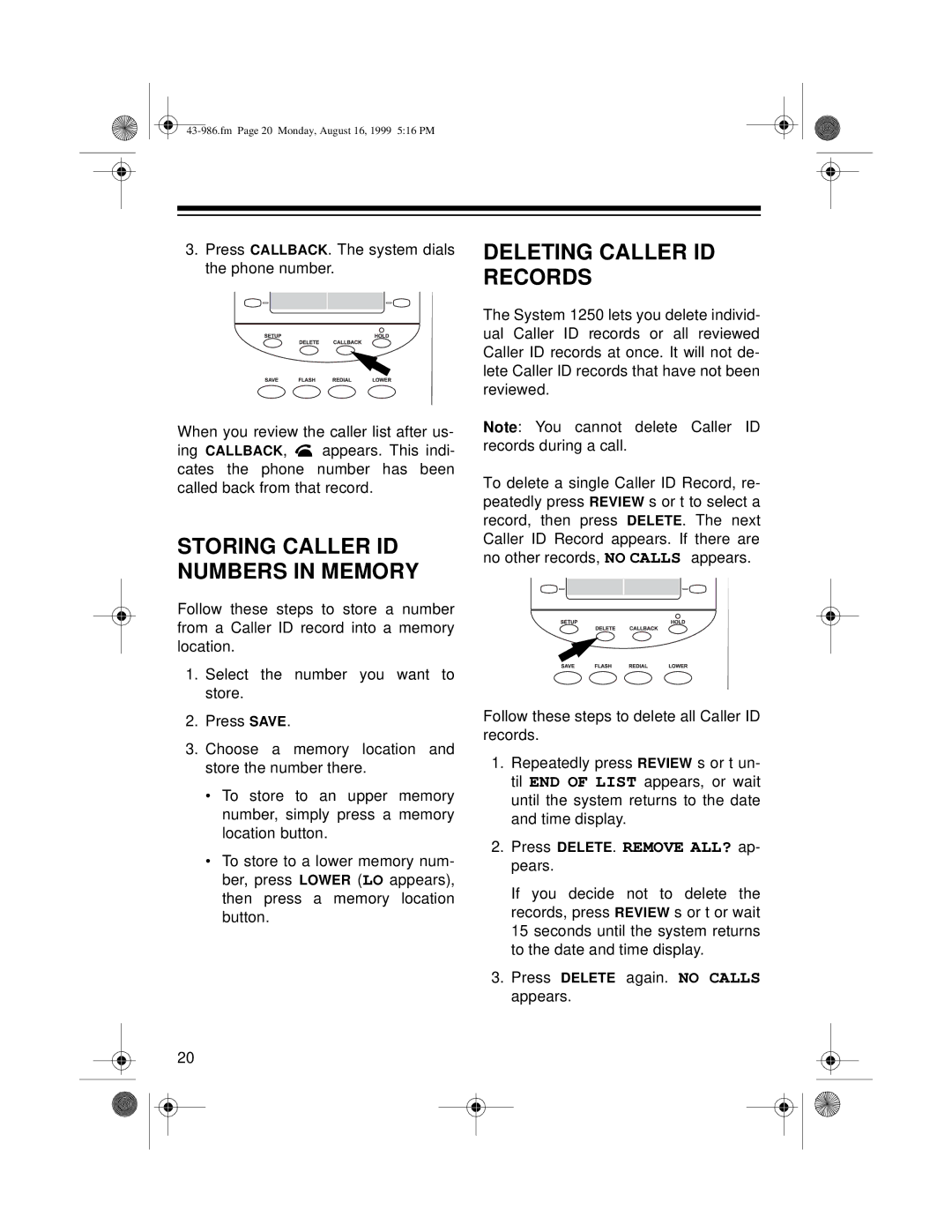 Radio Shack 1250 owner manual Storing Caller ID Numbers in Memory, Deleting Caller ID Records 