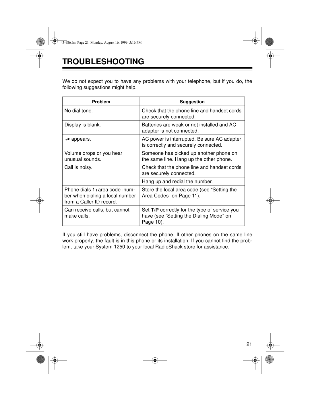 Radio Shack 1250 owner manual Troubleshooting 