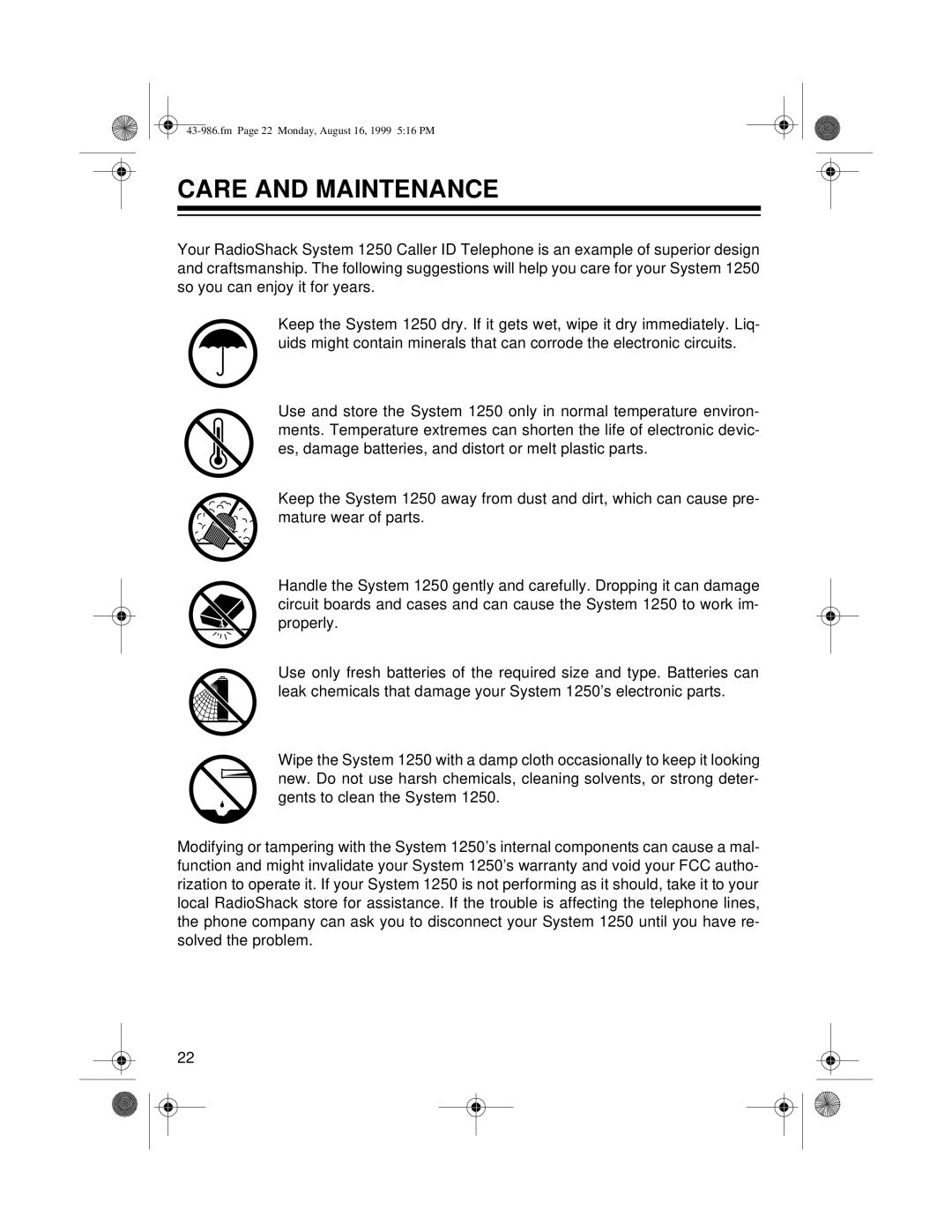 Radio Shack 1250 owner manual Care and Maintenance 