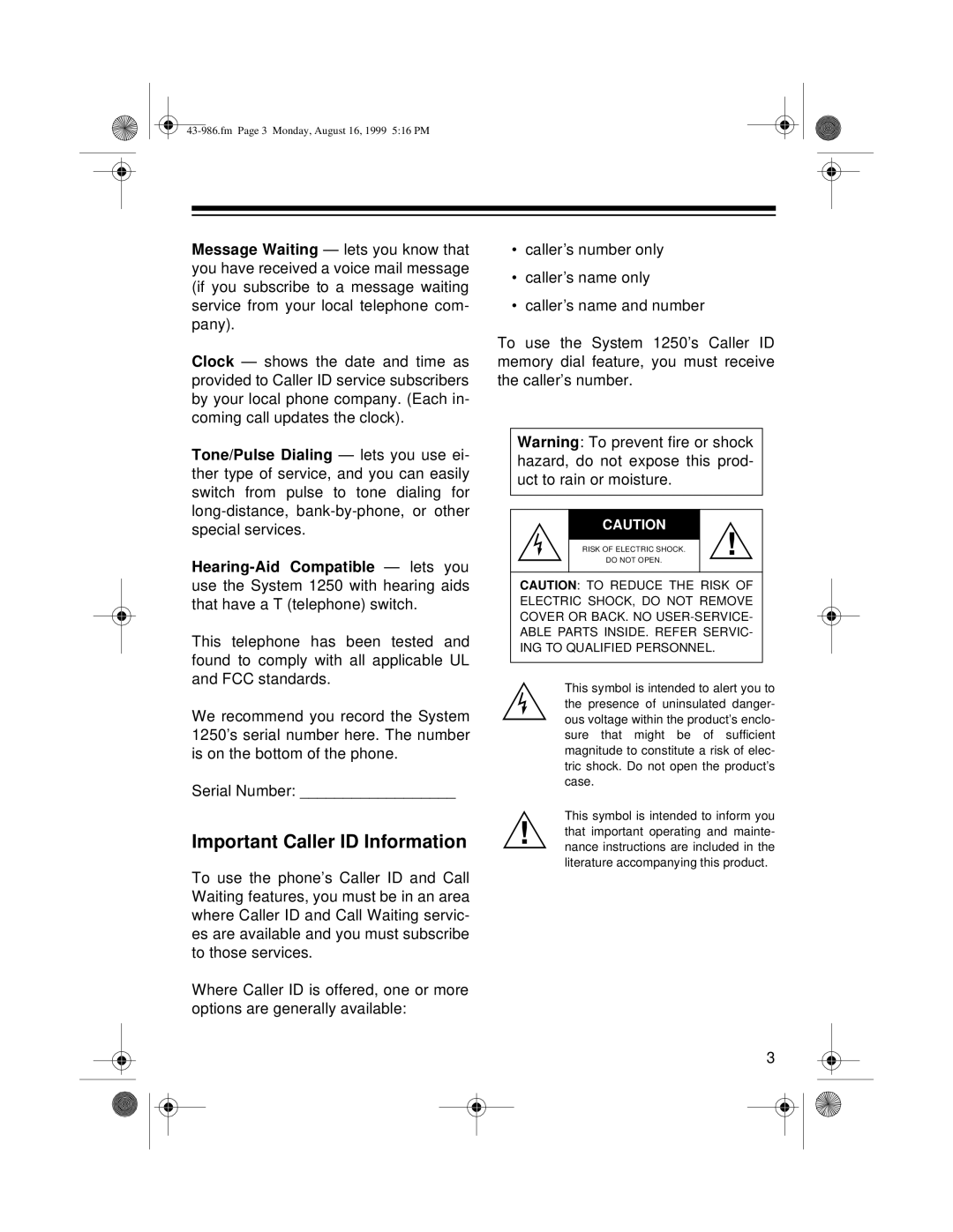 Radio Shack 1250 owner manual Important Caller ID Information 