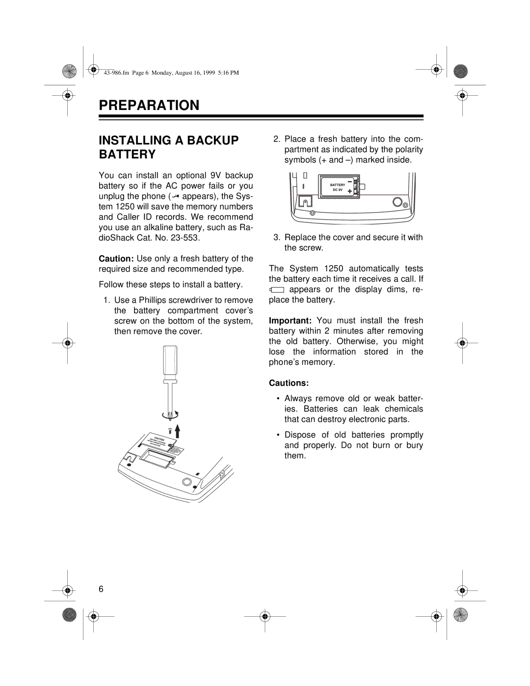 Radio Shack 1250 owner manual Preparation, Installing a Backup Battery 