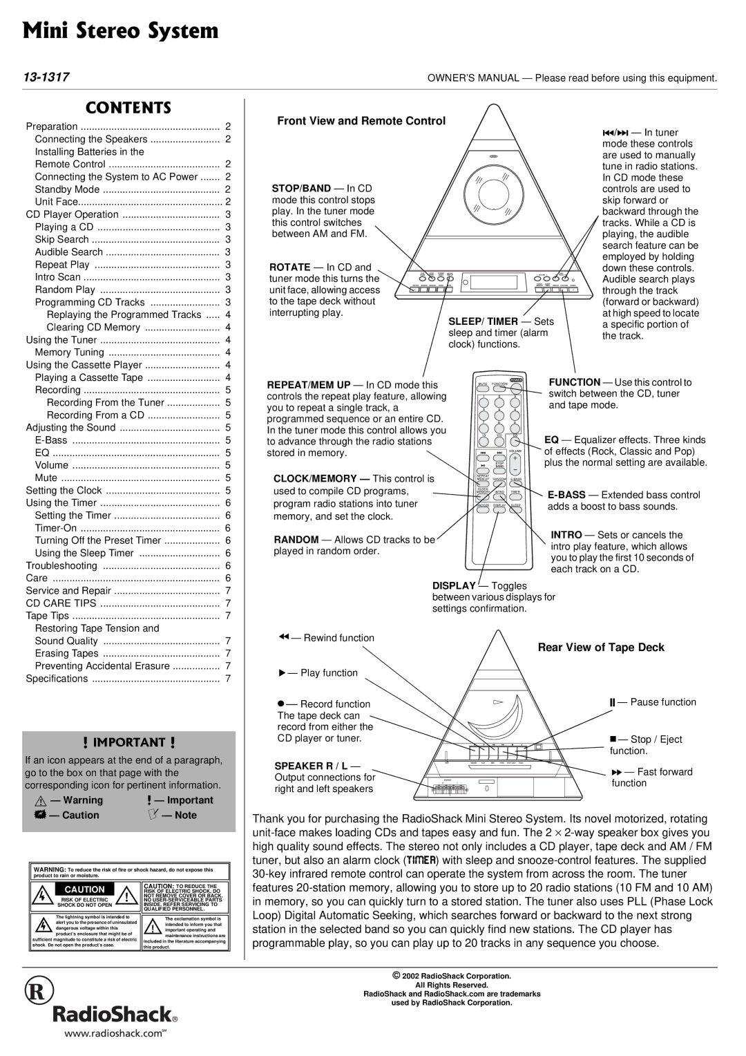 Radio Shack 13-1317 owner manual Front View and Remote Control, #+/2146#06#, Rear View of Tape Deck 