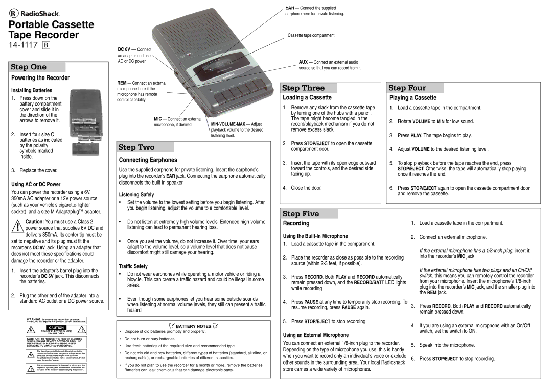 Radio Shack 14-1117 B specifications Step One, Step Two, Step Three, Step Four, Step Five 