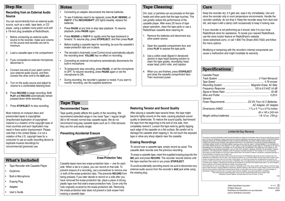 Radio Shack 14-1117 B specifications Step Six, Tape Cleaning, Care, Specifications, What’s Included, Tape Tips 