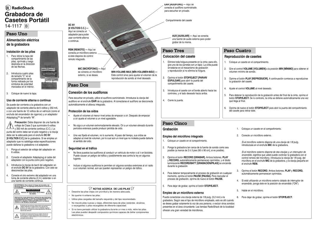 Radio Shack 14-1117 B specifications Paso Uno, Paso Dos, Paso Tres, Paso Cuatro, Paso Cinco 