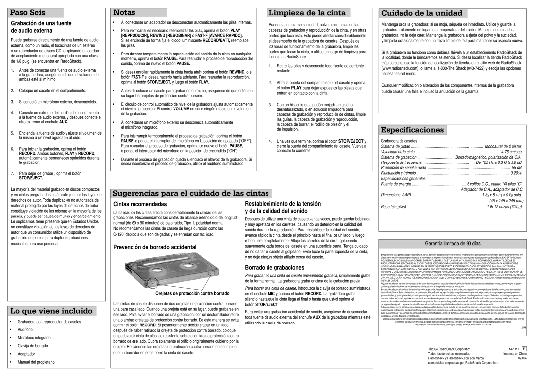 Radio Shack 14-1117 B specifications Paso Seis, Notas, Limpieza de la cinta, Cuidado de la unidad, Especificaciones 