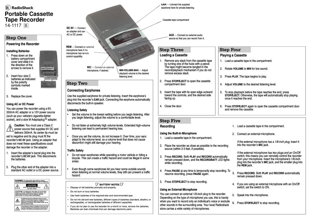 Radio Shack 14-1117 B specifications Portable Cassette Tape Recorder, Step One, Step Two, Step Three, Step Four, Step Five 