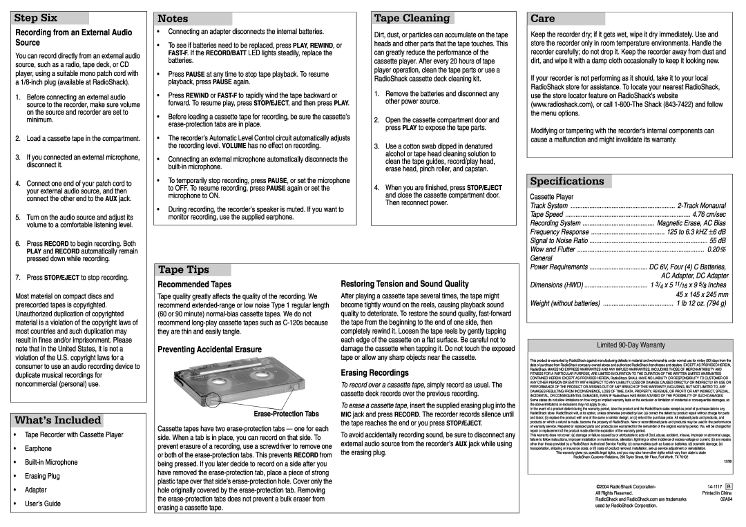Radio Shack 14-1117 B Step Six, Tape Cleaning, Care, Specifications, What’s Included, Tape Tips, Recommended Tapes, 55 dB 