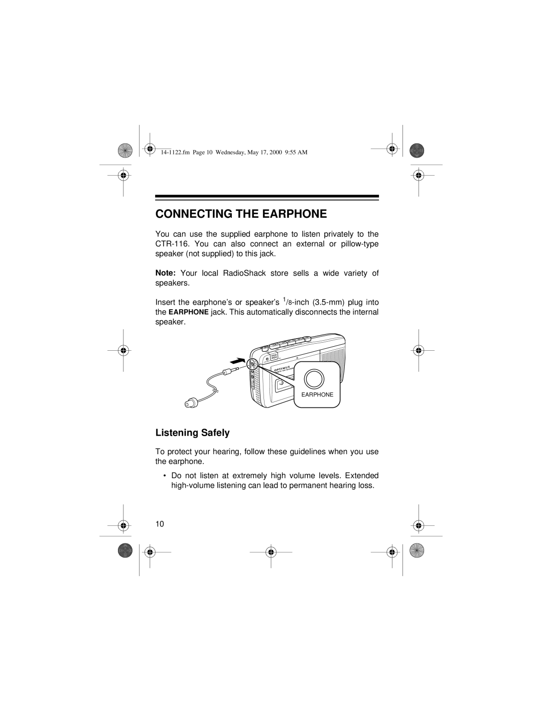 Radio Shack 14-1122, CTR-116 owner manual Connecting the Earphone, Listening Safely 