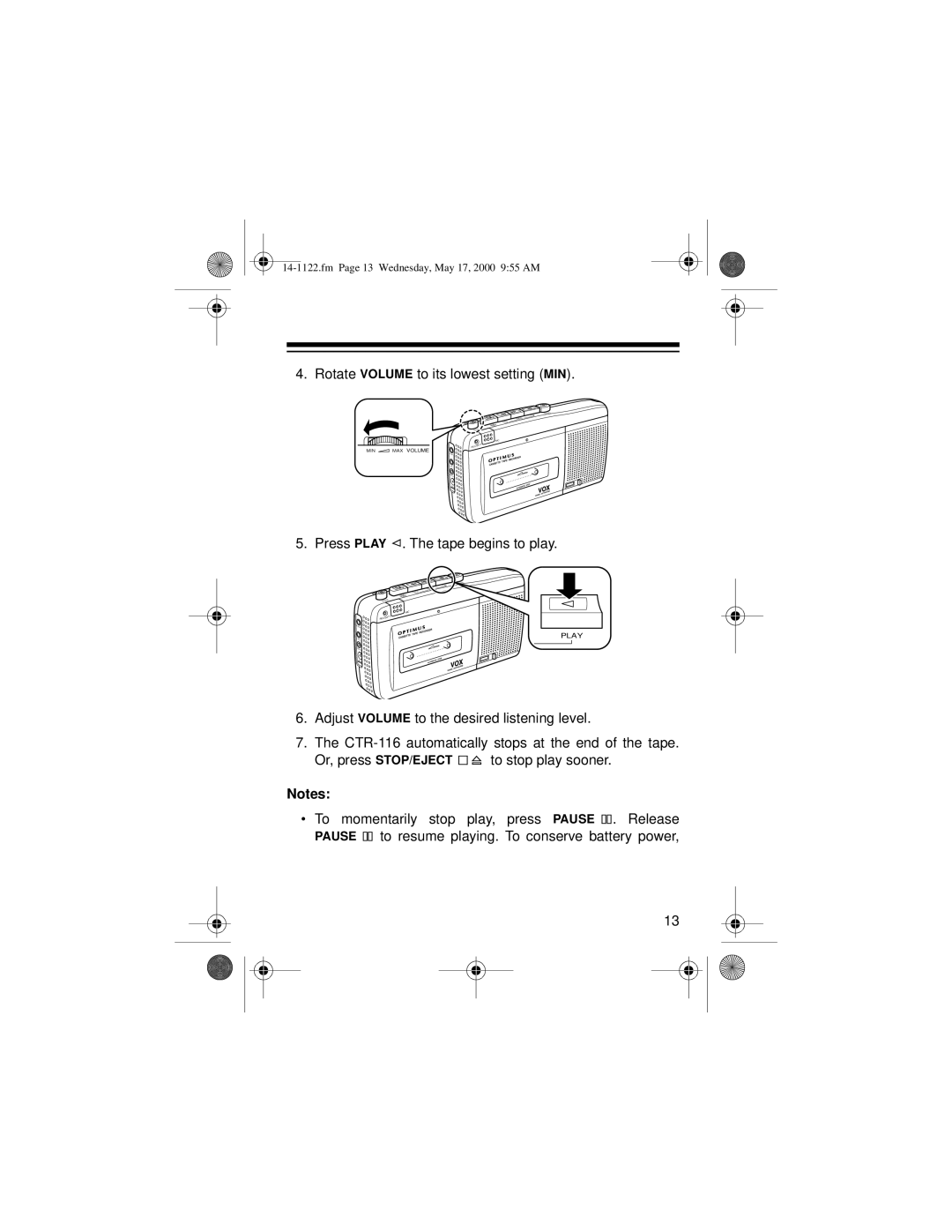 Radio Shack CTR-116, 14-1122 owner manual Rotate Volume to its lowest setting MIN 