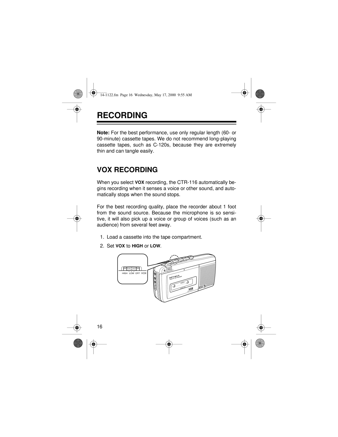 Radio Shack 14-1122, CTR-116 owner manual VOX Recording 