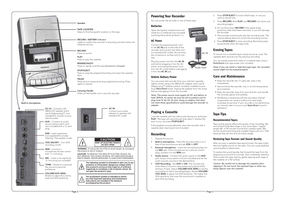 Radio Shack 14-1128 specifications Powering Your Recorder, Erasing Tapes, Playing a Cassette, Recording, Tape Tips 