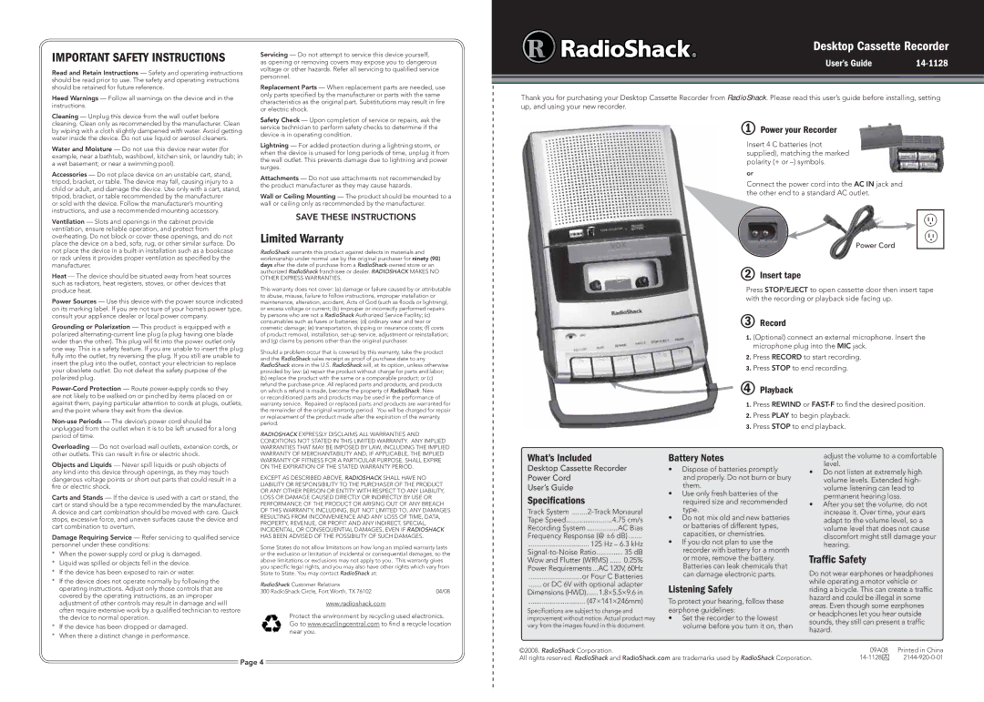 Radio Shack 14-1128 specifications Limited Warranty, What’s Included, Speciﬁcations, Battery Notes, Listening Safely 