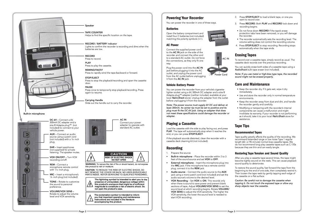 Radio Shack 14-1128 specifications Powering Your Recorder, Erasing Tapes, Playing a Cassette, Recording, Tape Tips 