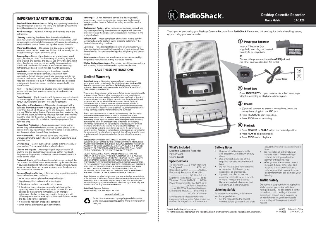 Radio Shack 14-1128 Limited Warranty, What’s Included, Speciﬁcations, Battery Notes, Listening Safely, Trafﬁc Safety 