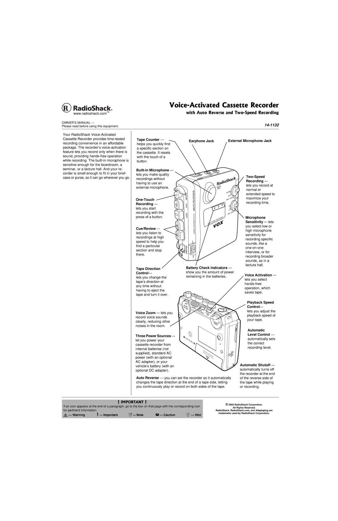 Radio Shack 14-1132 owner manual One-Touch Recording, Tape Direction Control, Playback Speed, Automatic 