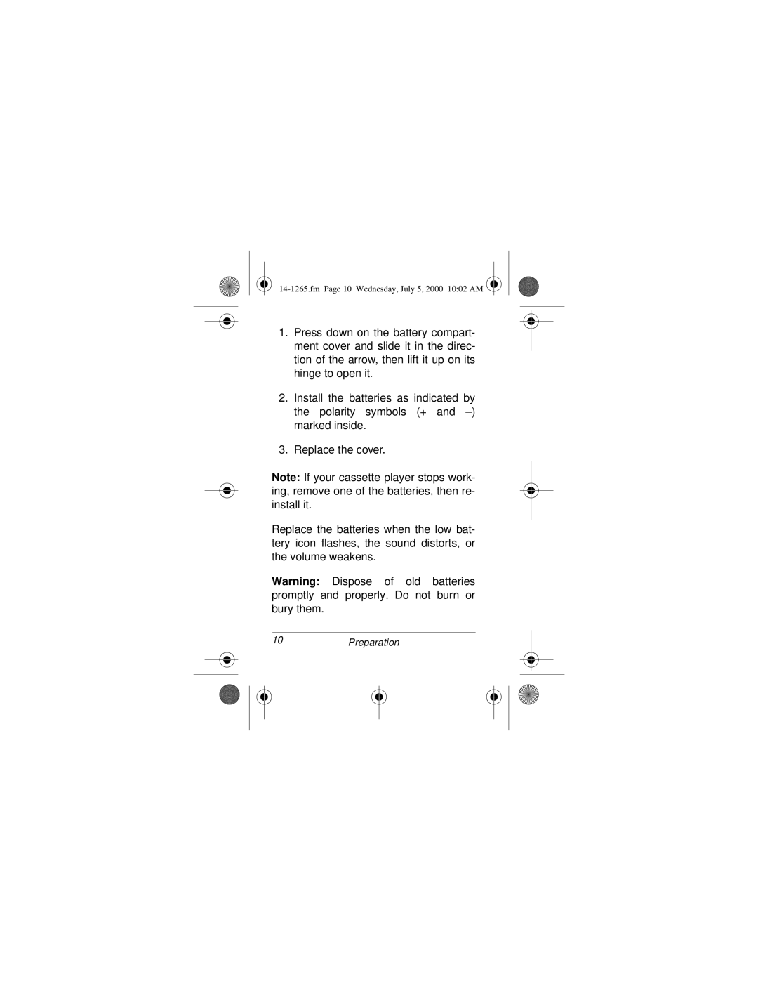 Radio Shack 14-1265 owner manual 10Preparation 