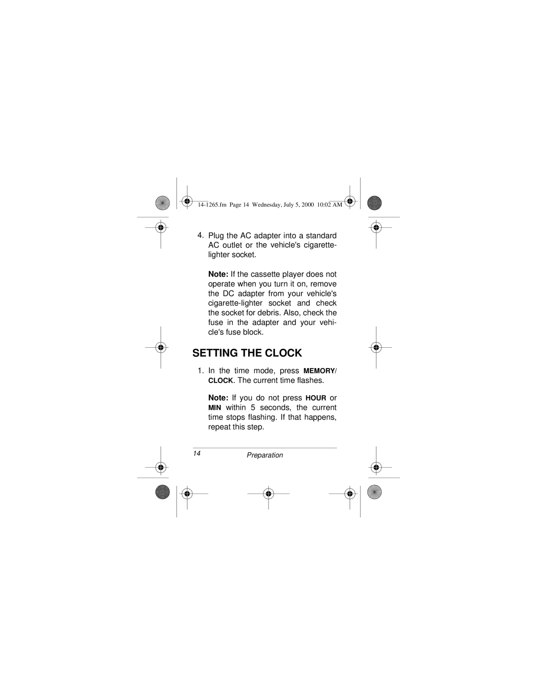 Radio Shack 14-1265 owner manual Setting the Clock 