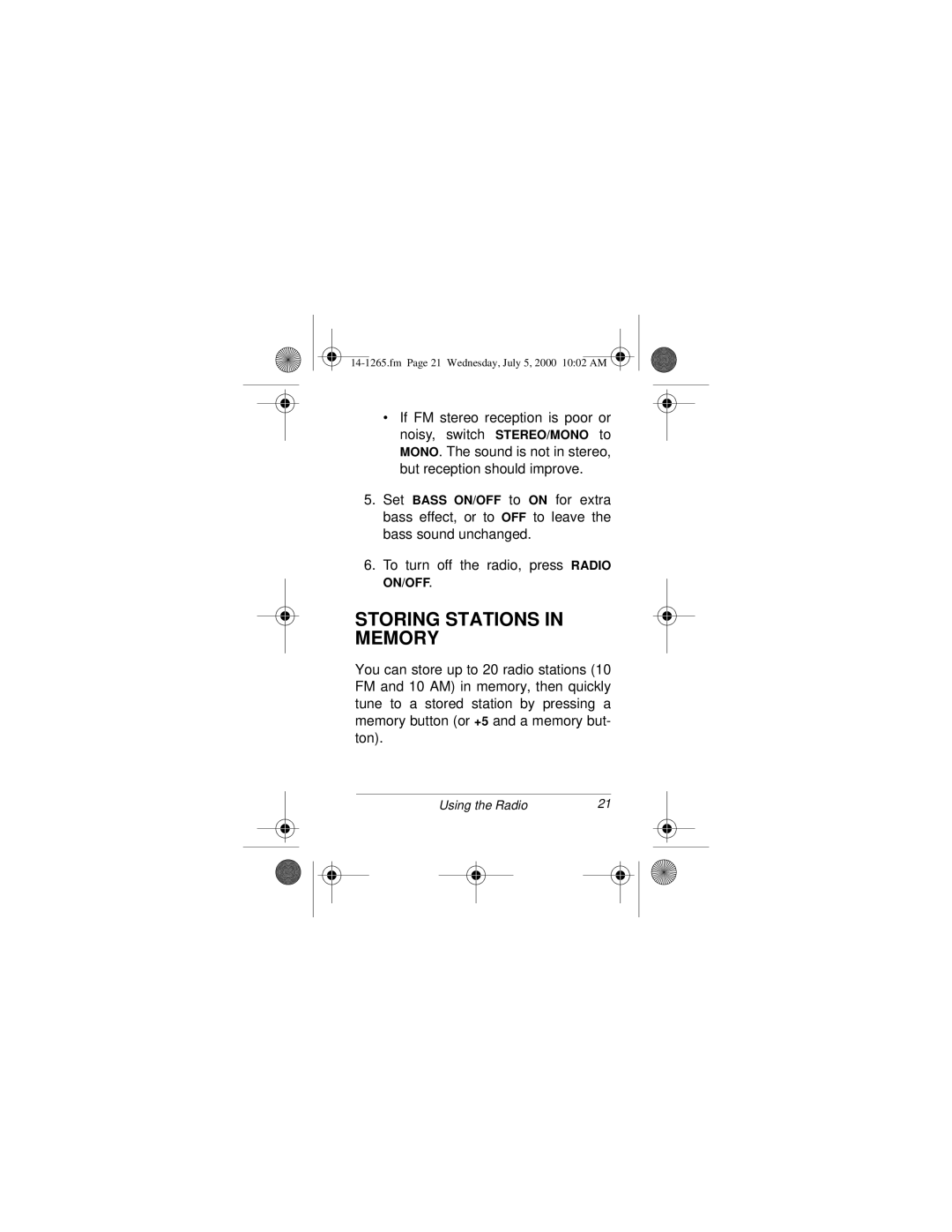 Radio Shack 14-1265 owner manual Storing Stations Memory 