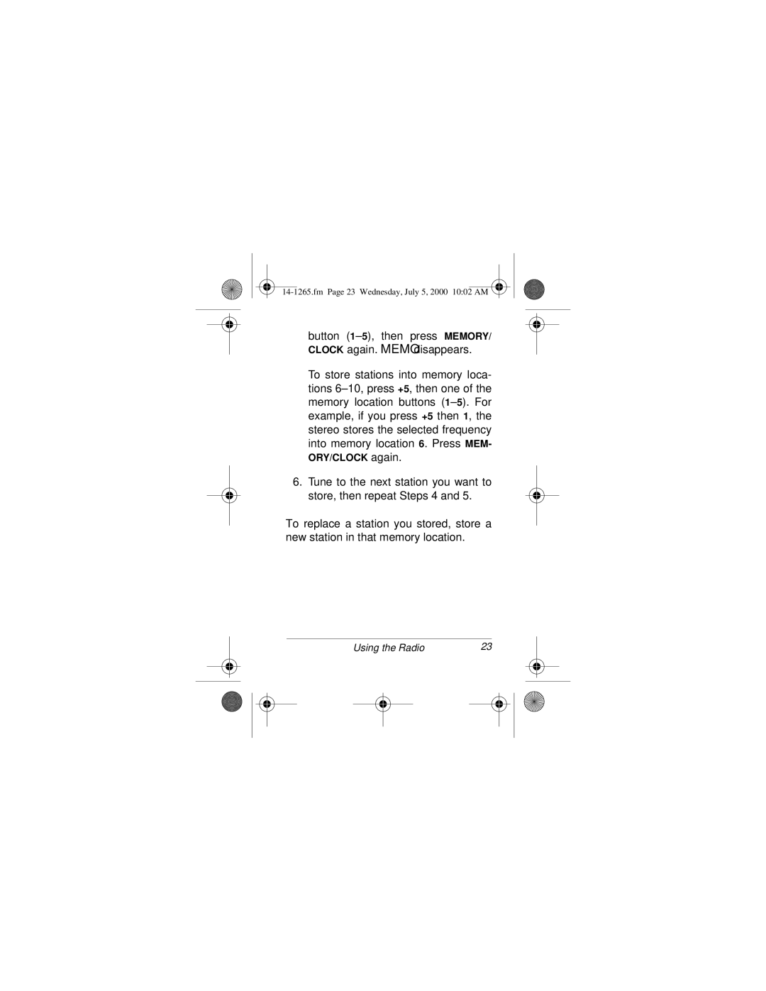 Radio Shack 14-1265 owner manual Button 1-5, then press MEMORY/ Clock again. Memo disappears 