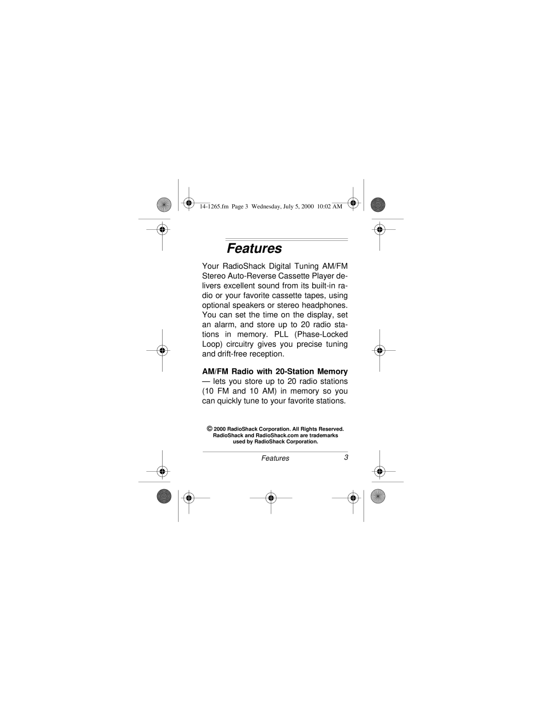 Radio Shack 14-1265 owner manual Features, AM/FM Radio with 20-Station Memory 