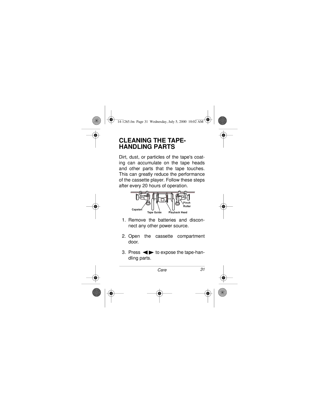 Radio Shack 14-1265 owner manual Cleaning the TAPE- Handling Parts 