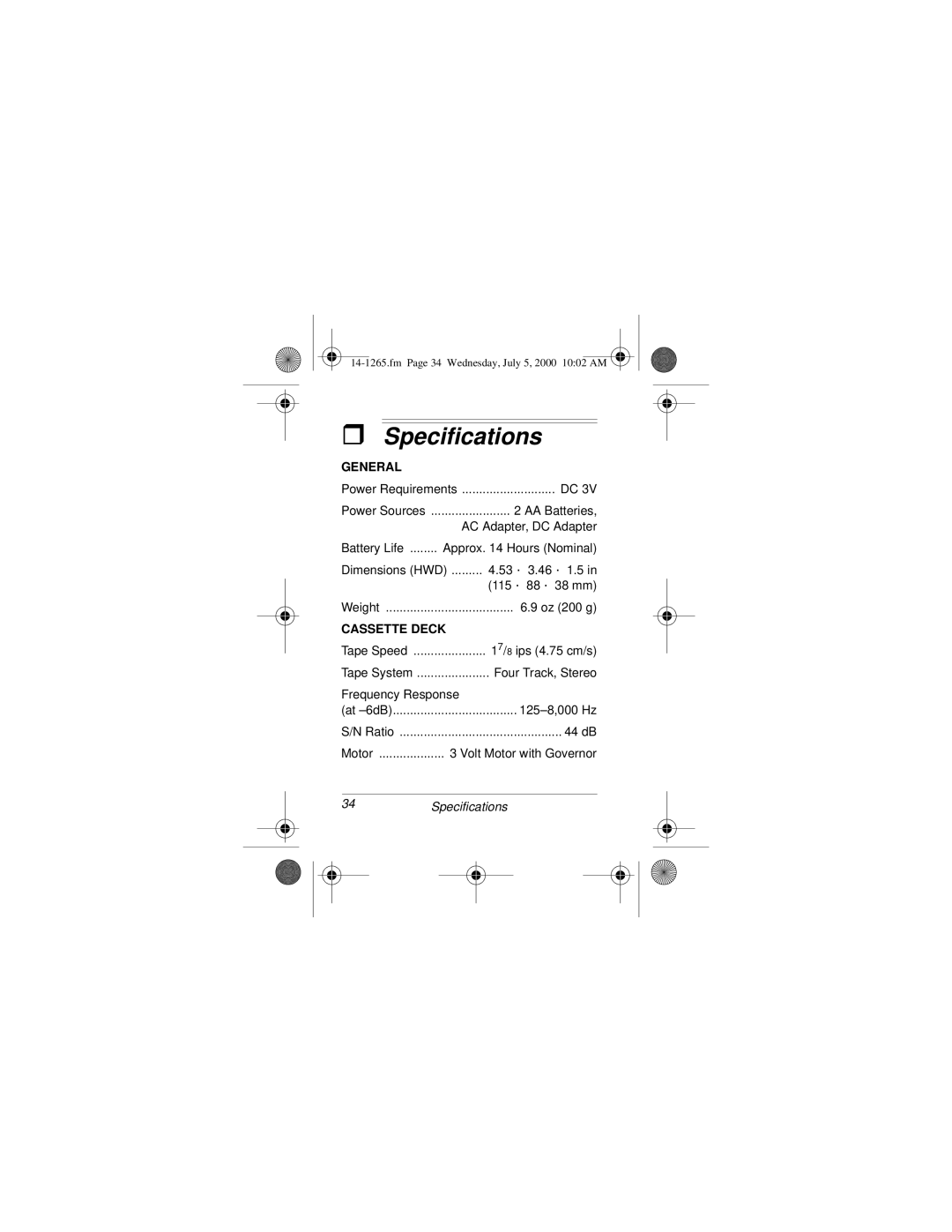 Radio Shack 14-1265 owner manual Specifications, General 