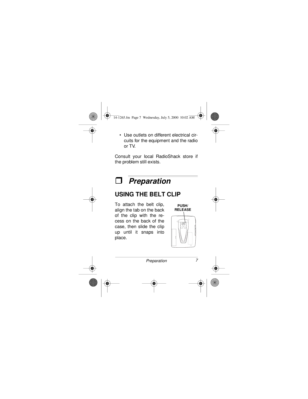 Radio Shack 14-1265 owner manual Preparation, Using the Belt Clip 