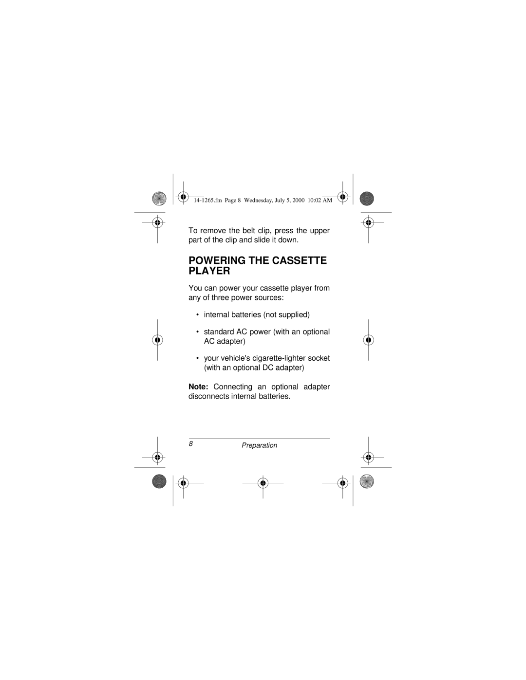 Radio Shack 14-1265 owner manual Powering the Cassette Player 