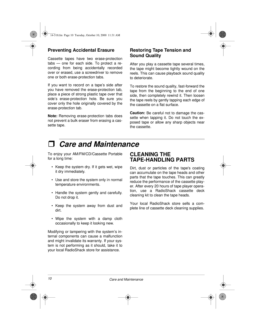 Radio Shack 14-518 owner manual Care and Maintenance, Cleaning the TAPE-HANDLING Parts, Preventing Accidental Erasure 