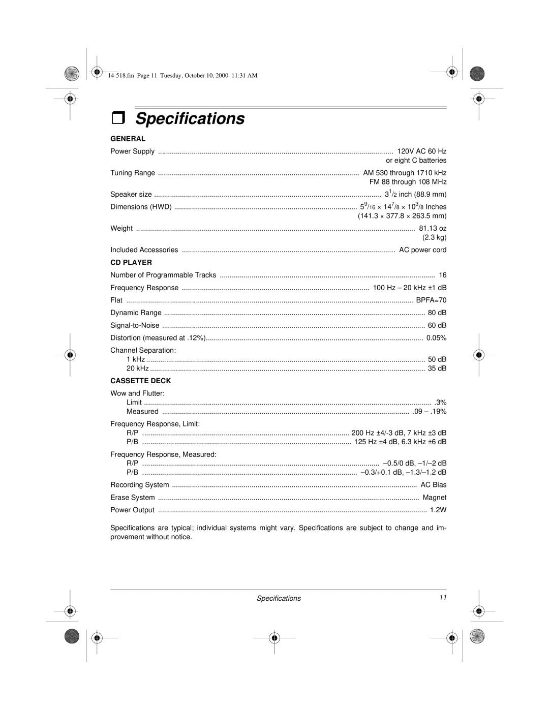 Radio Shack 14-518 owner manual Specifications, General 