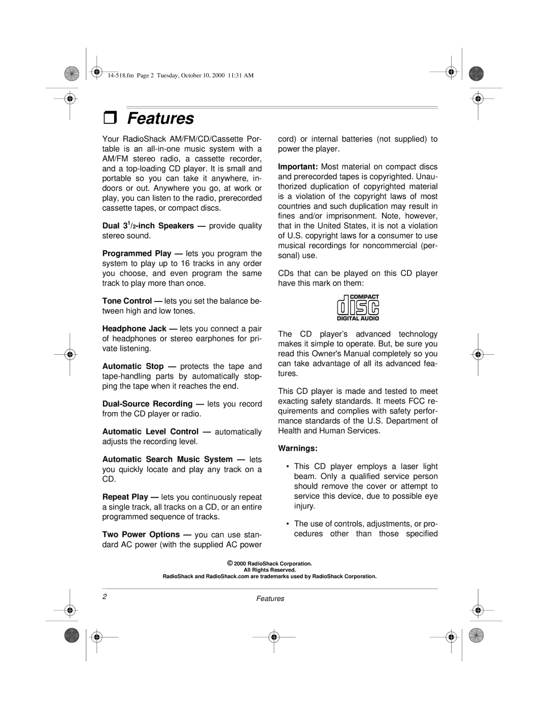 Radio Shack 14-518 owner manual Features, Dual 31/2-inch Speakers provide quality 