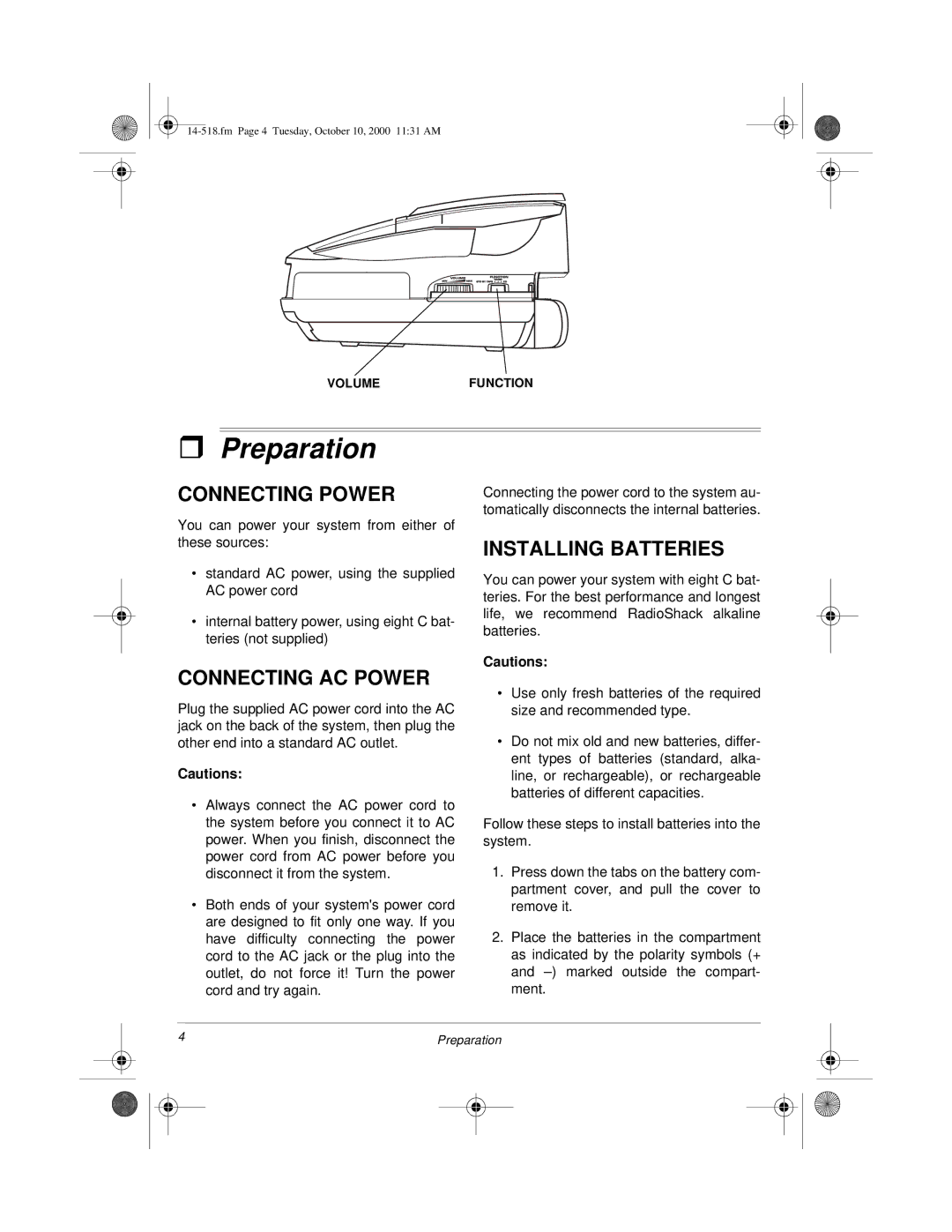 Radio Shack 14-518 owner manual Preparation, Connecting Power, Installing Batteries, Connecting AC Power 