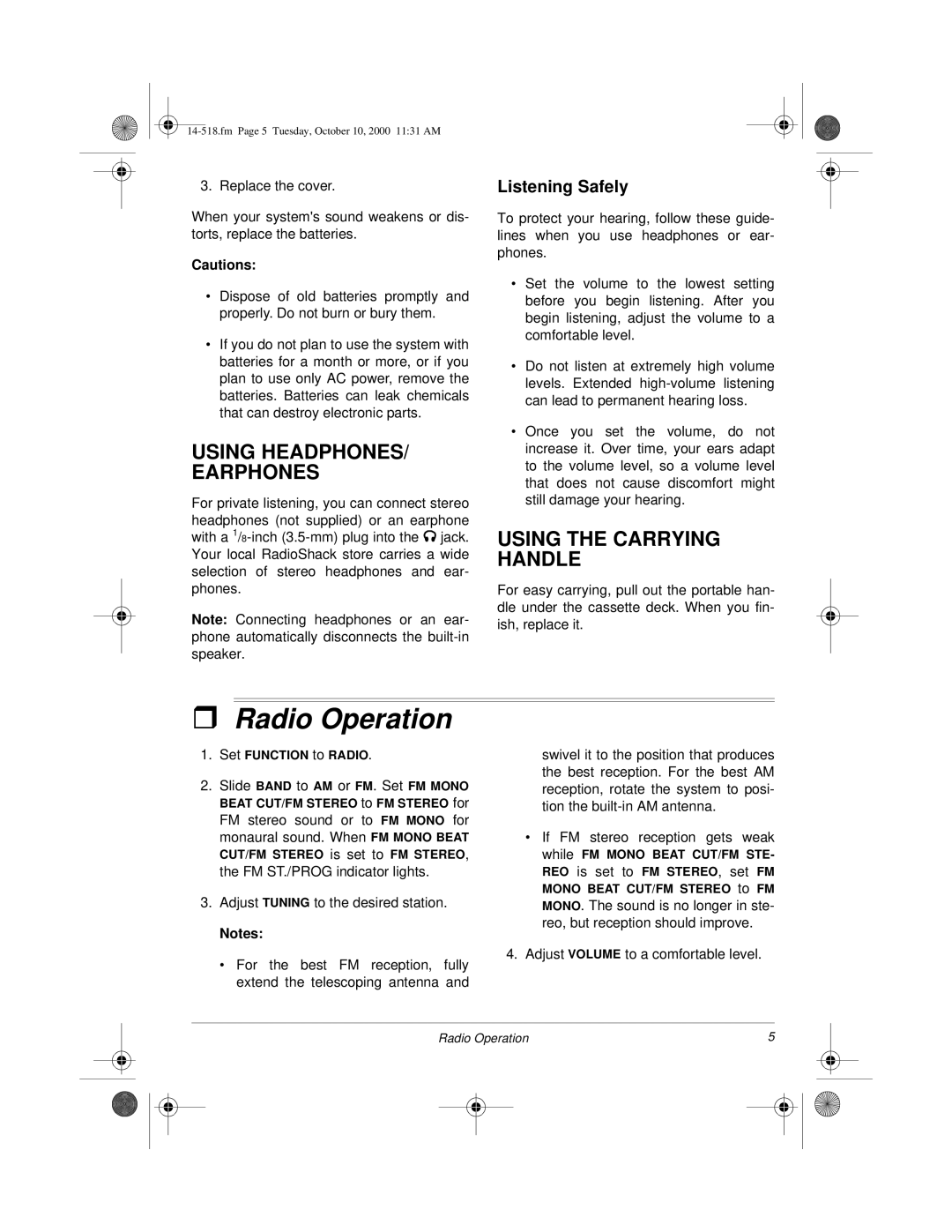 Radio Shack 14-518 owner manual Radio Operation, Using HEADPHONES/ Earphones, Using the Carrying Handle, Listening Safely 