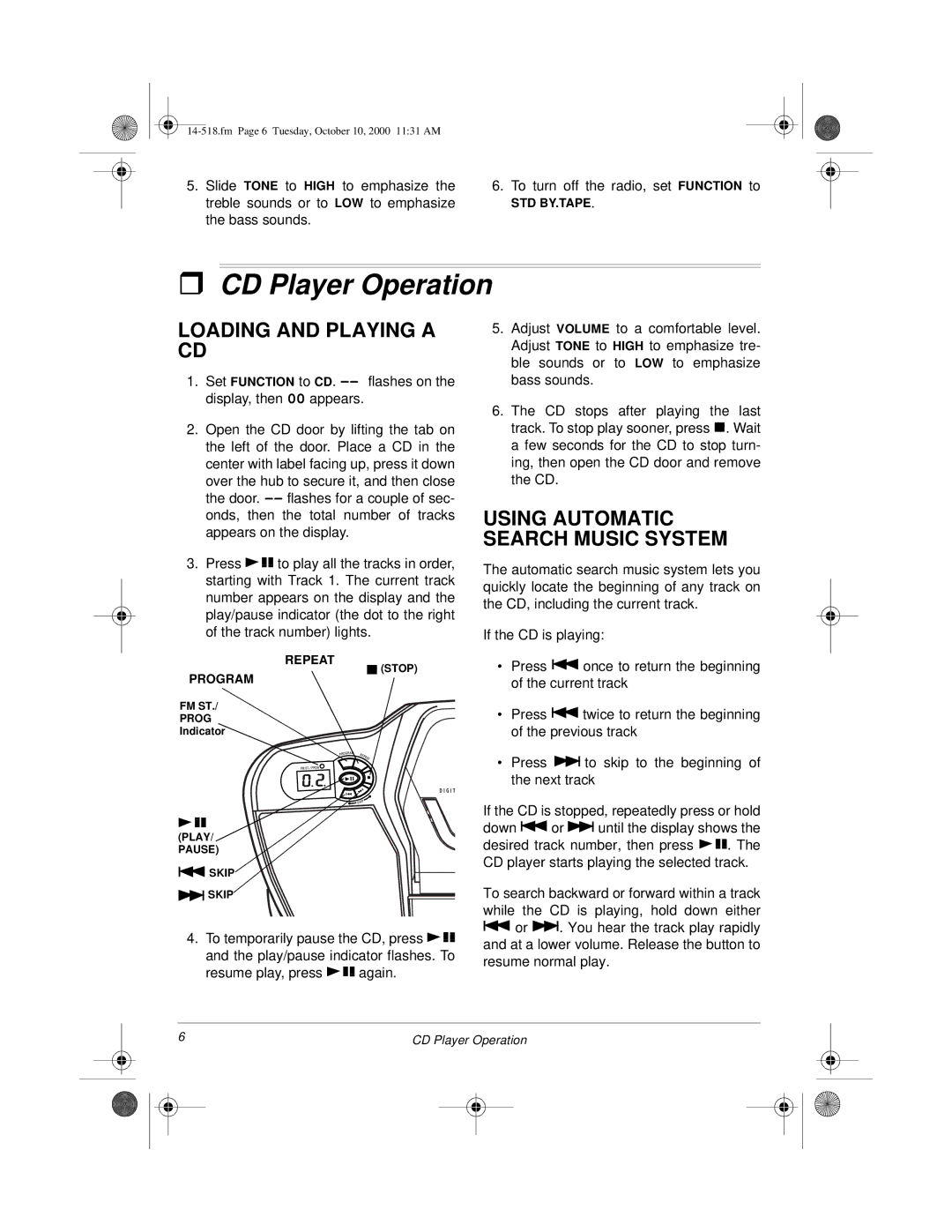 Radio Shack 14-518 owner manual CD Player Operation, Loading and Playing a CD, Using Automatic Search Music System 