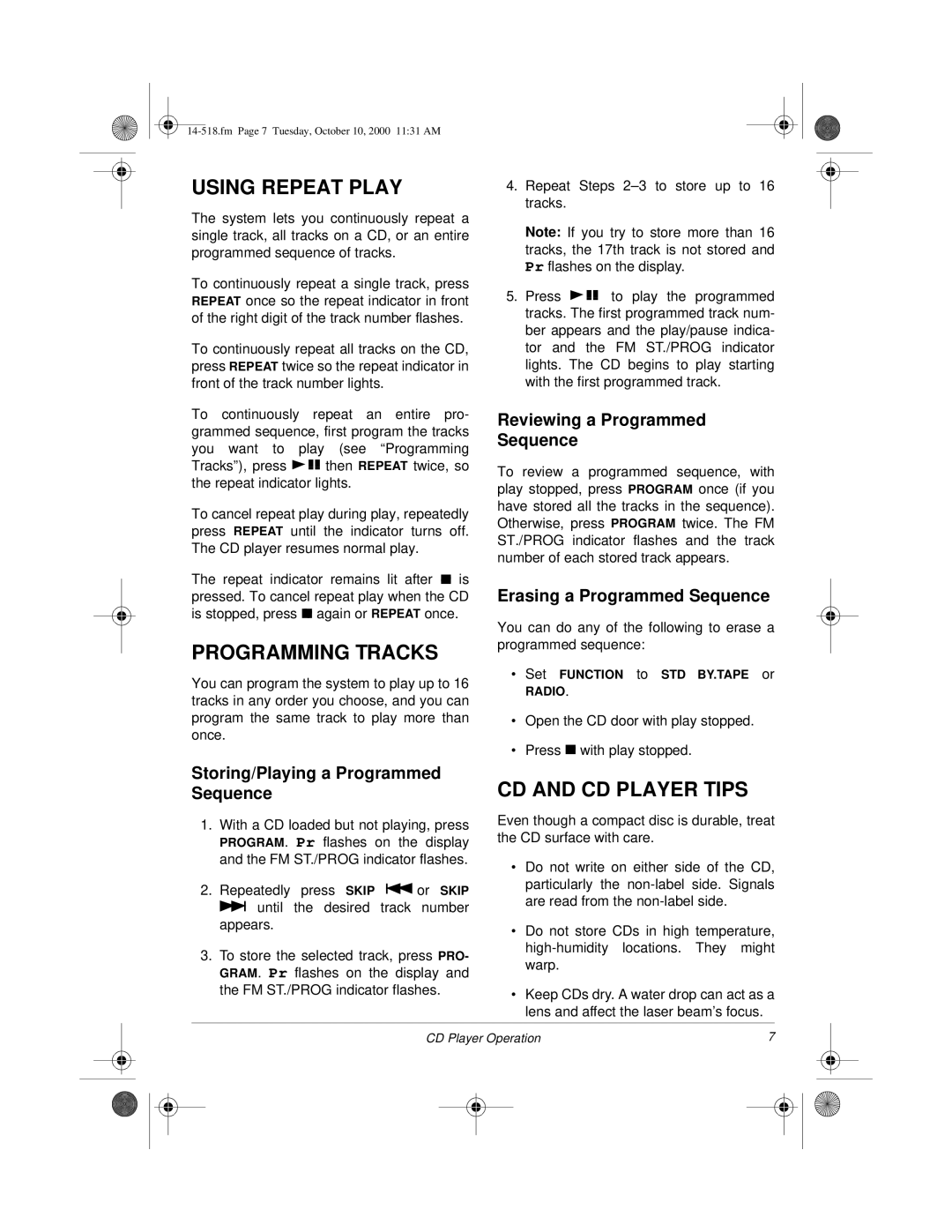 Radio Shack 14-518 owner manual Using Repeat Play, Programming Tracks, CD and CD Player Tips 