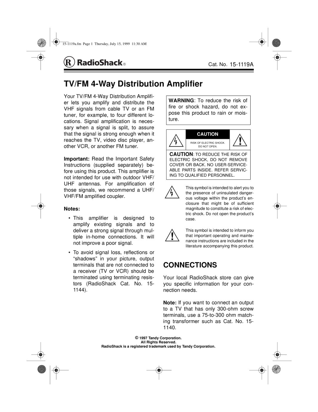 Radio Shack 15-1119A important safety instructions TV/FM 4-Way Distribution Amplifier, Connections 