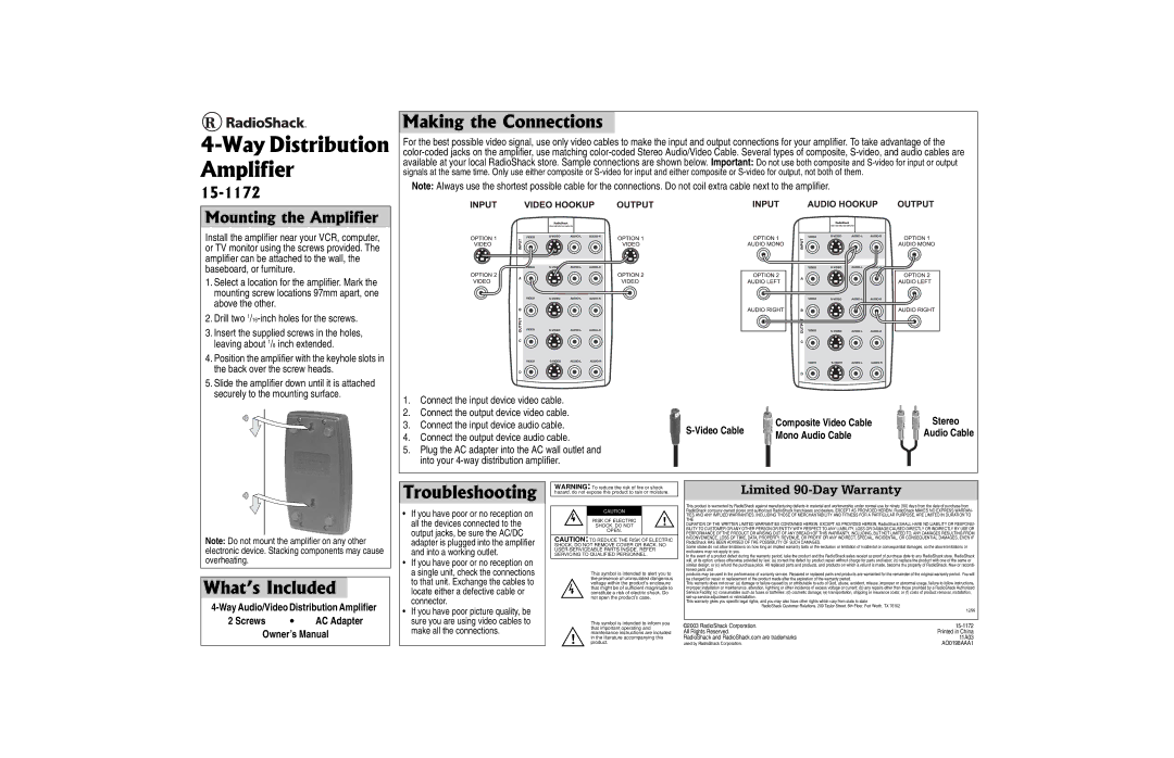 Radio Shack 15-1172 warranty #Ornkhkgt, Cmkpivjg%Qppgevkqpu, 9JCV U+PENWFGF, 6TQWDNGUJQQVKPI, Lplwhgd\Duudqw 