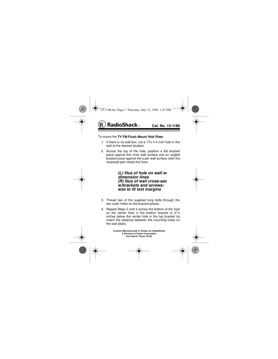 Radio Shack 15-1186 manual Cat. No, To mount the TV FM Flush Mount Wall Plate 