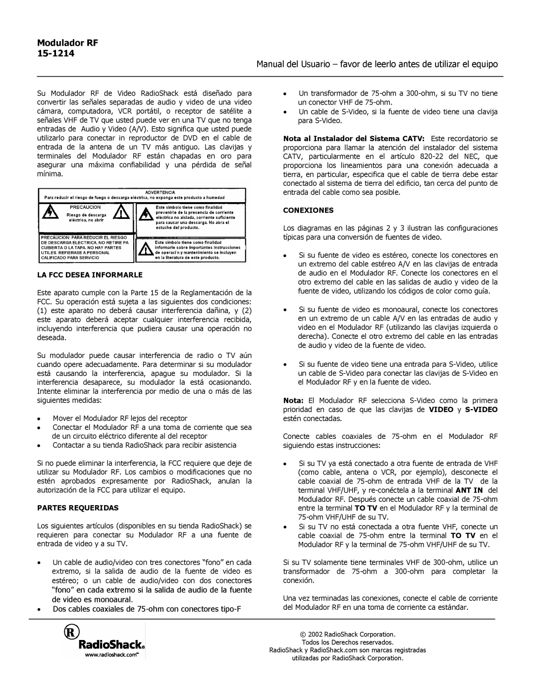 Radio Shack 15-1214 manual Modulador RF, Dos cables coaxiales de 75-ohm con conectores tipo-F 