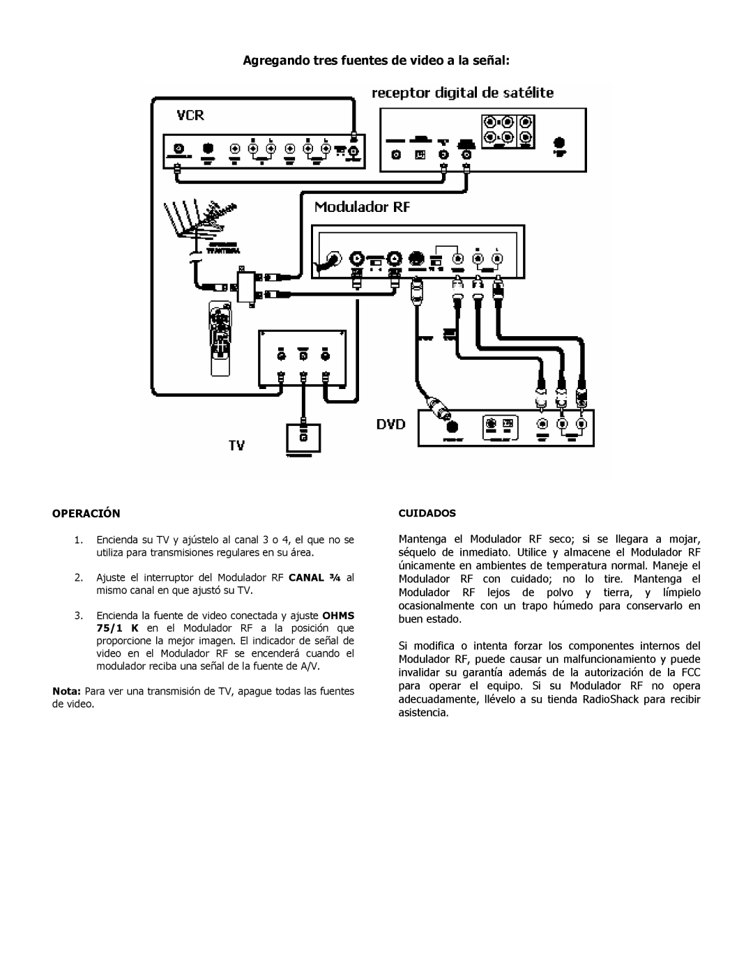 Radio Shack 15-1214 manual Agregando tres fuentes de video a la señal, Operación 