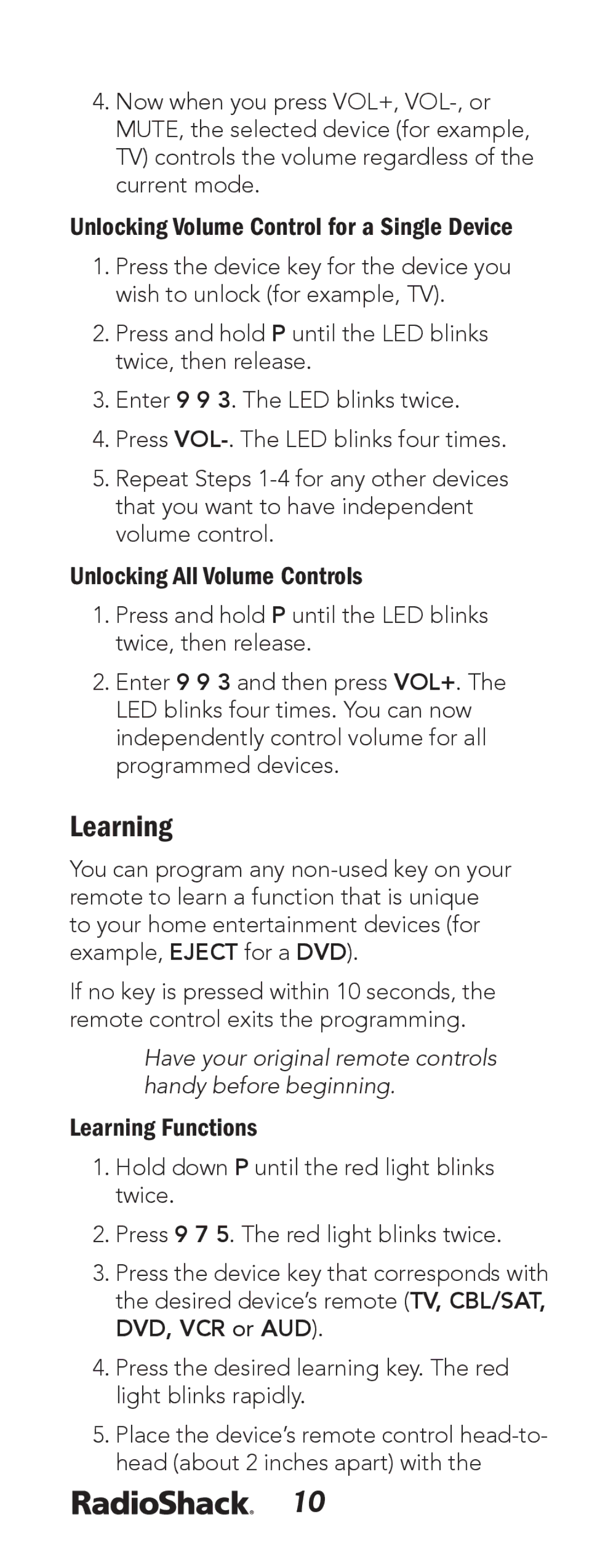 Radio Shack 15-133 manual Learning, Unlocking Volume Control for a Single Device, Unlocking All Volume Controls 